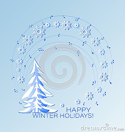 Musical holiday card with winter fir. Vector Illustration